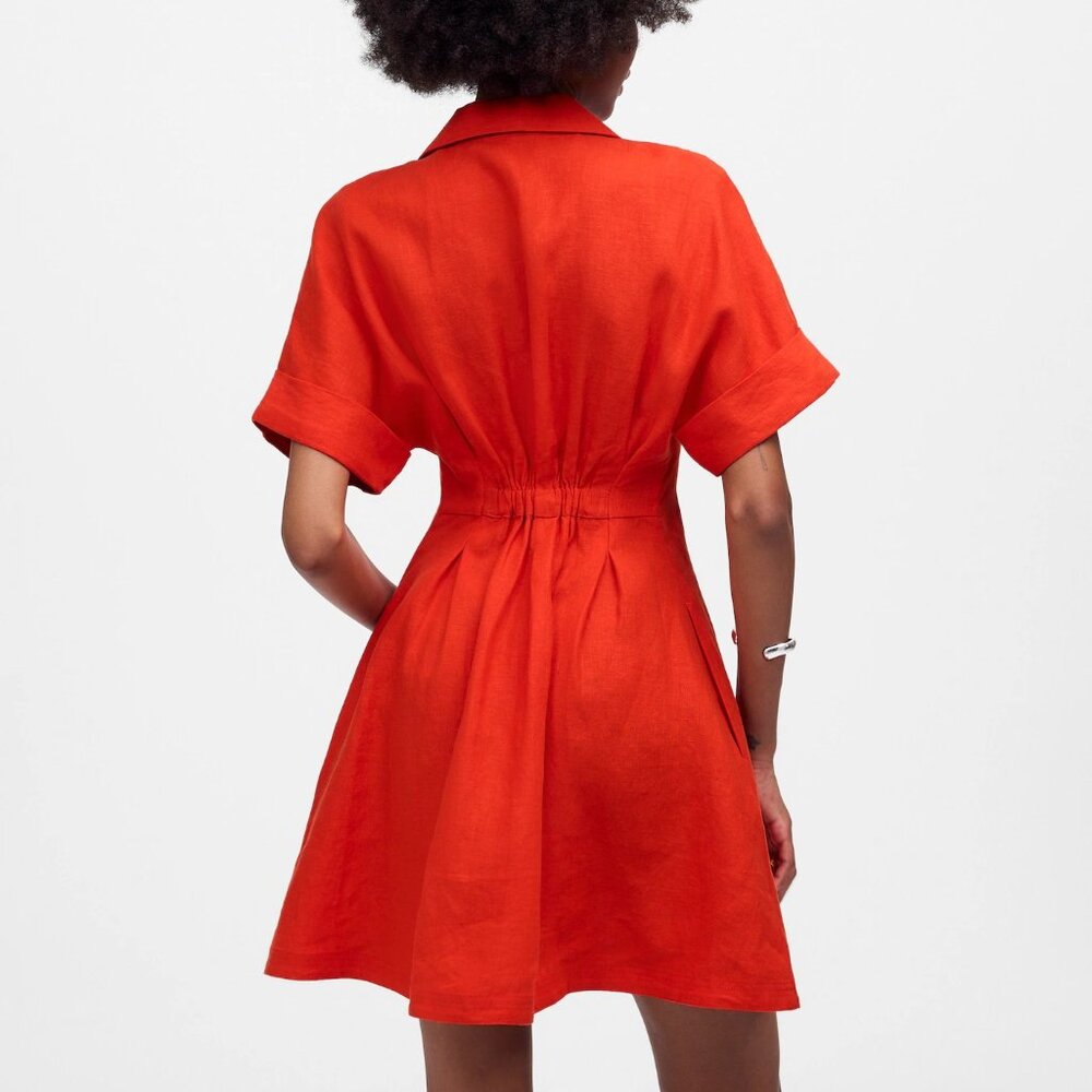 Madewell Pleated Mini Shirtdress in 100% Linen in Bright Flame - Picture 2 of 4